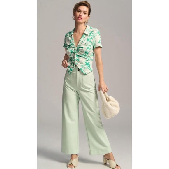 Anthropologie Maeve Green Floral Rouched Blouse Button Size XS - Picture 2 of 9